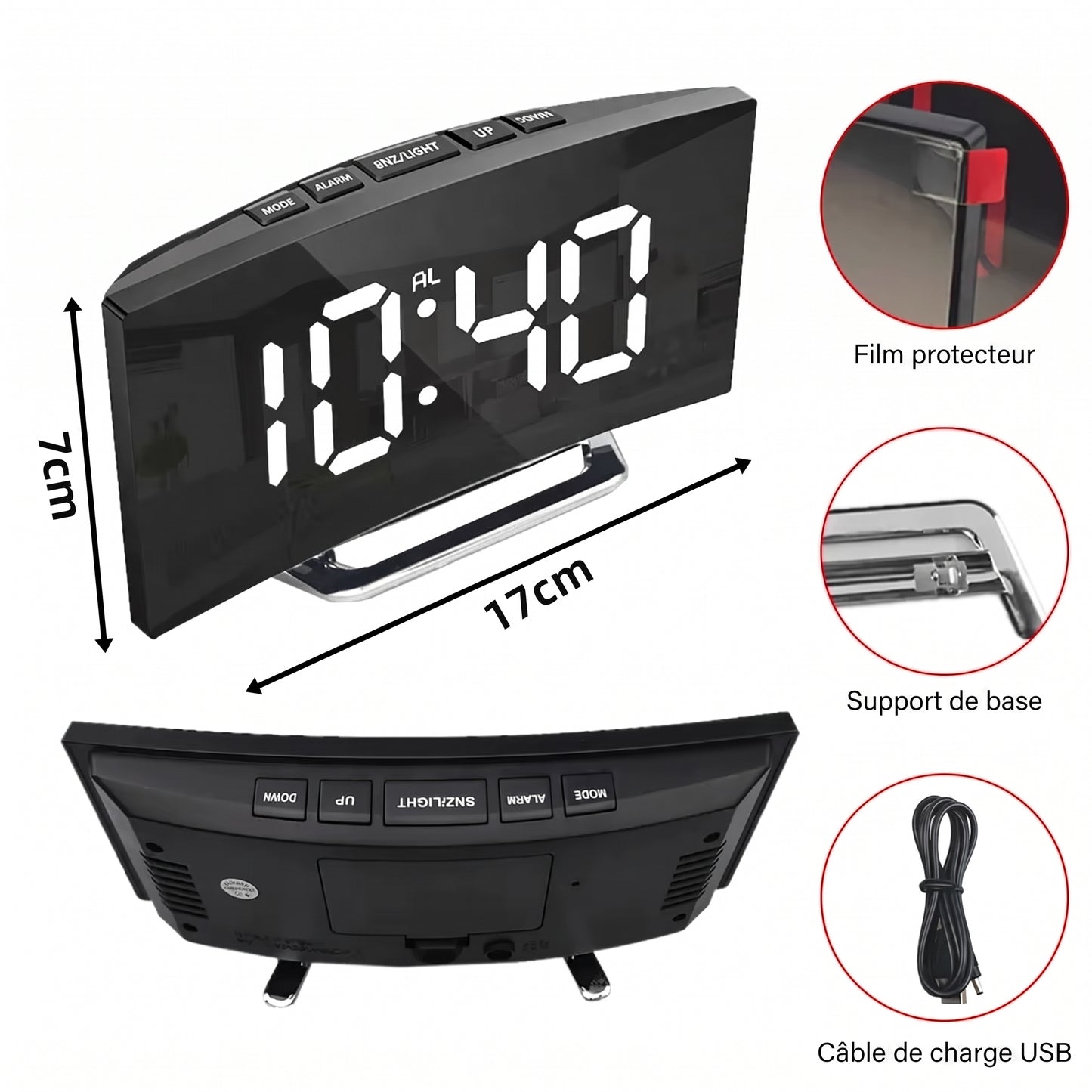 Réveil Digital Écran Miroir Incurvé LED – Horloge de Table Moderne Panoramique
