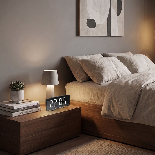 Réveil Digital Écran Miroir Incurvé LED – Horloge de Table Moderne Panoramique