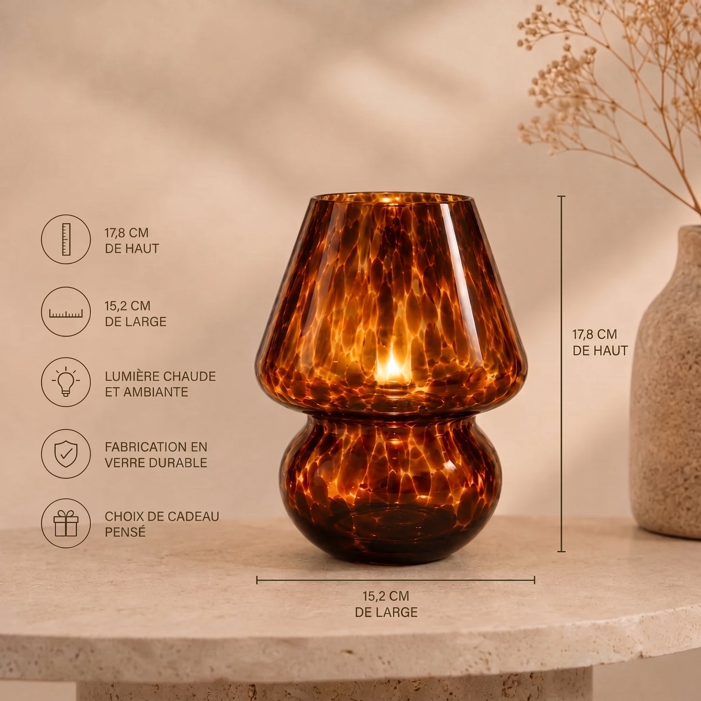 Lampe Champignon en Verre Ambré Vintage – Luminaire d'Ambiance Rayé