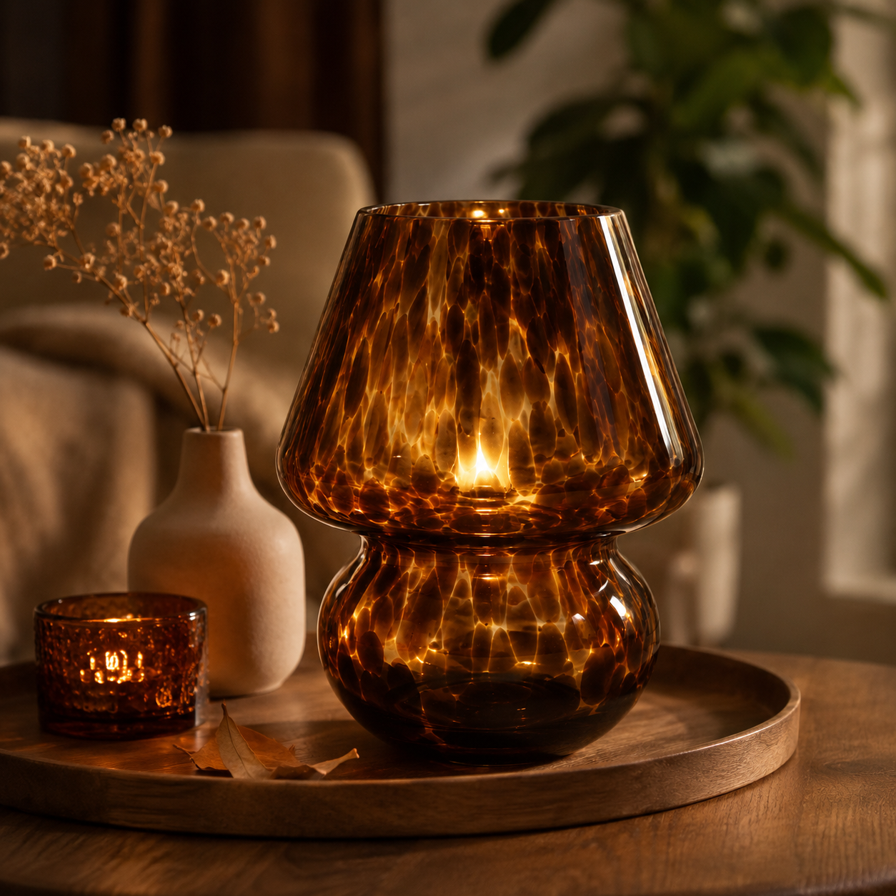 Lampe Champignon en Verre Ambré Vintage – Luminaire d'Ambiance Rayé