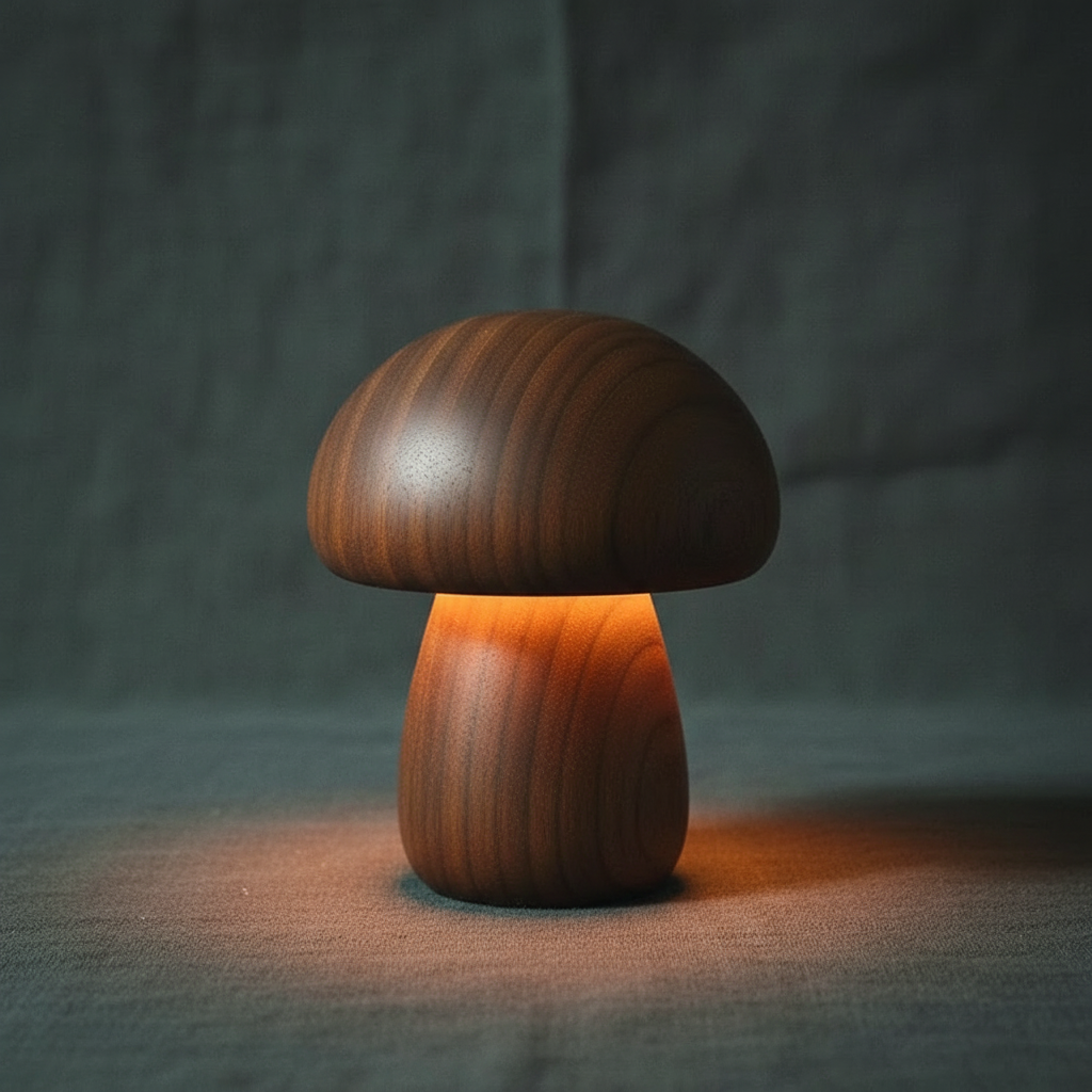 Lampe Veilleuse Champignon en Bois Massif – Luminaire Tactile Rechargeable sans Fil