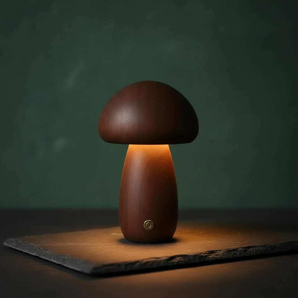 Lampe Veilleuse Champignon en Bois Massif – Luminaire Tactile Rechargeable sans Fil