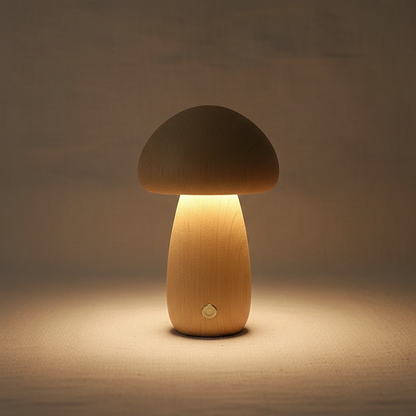 Lampe Veilleuse Champignon en Bois Massif – Luminaire Tactile Rechargeable sans Fil