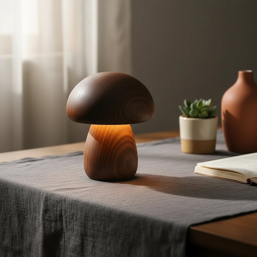Lampe Veilleuse Champignon en Bois Massif – Luminaire Tactile Rechargeable sans Fil