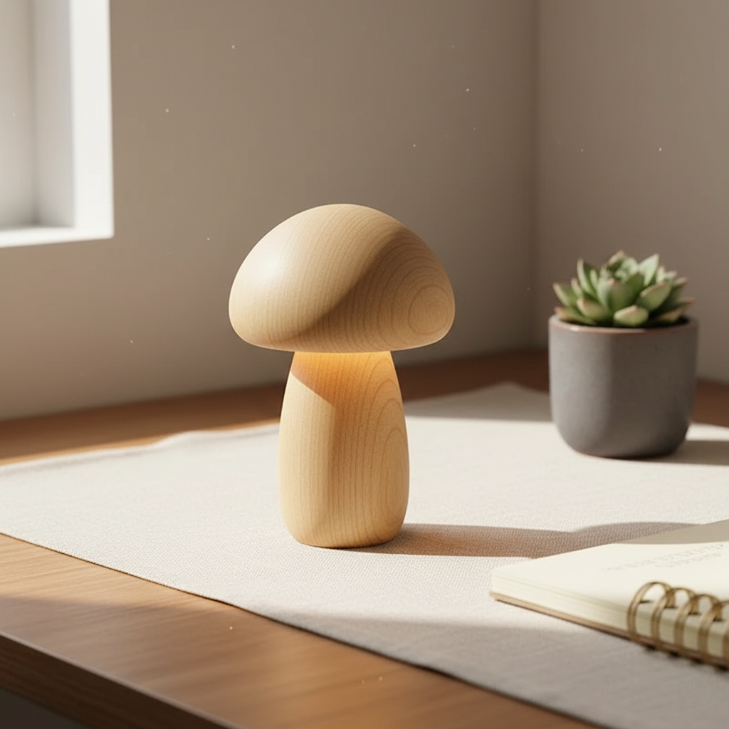 Lampe Veilleuse Champignon en Bois Massif – Luminaire Tactile Rechargeable sans Fil