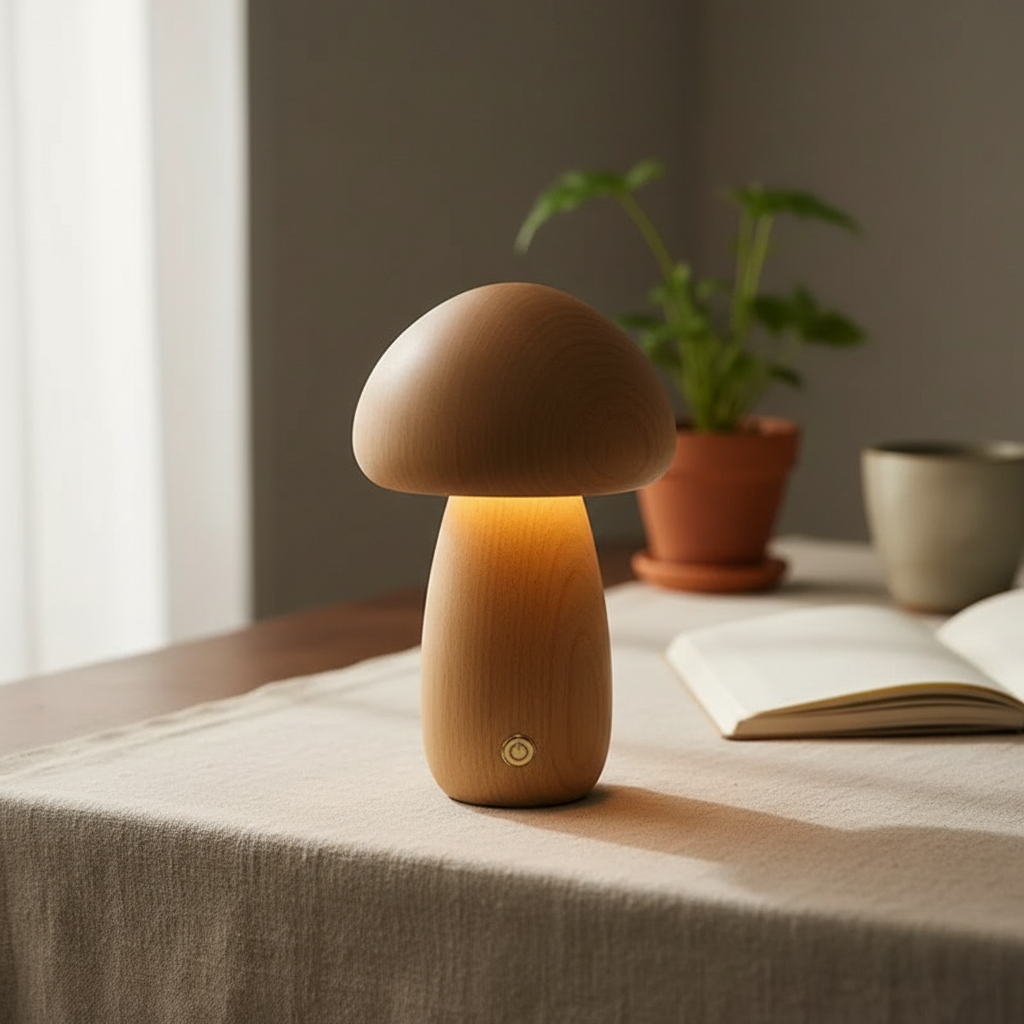 Lampe Veilleuse Champignon en Bois Massif – Luminaire Tactile Rechargeable sans Fil