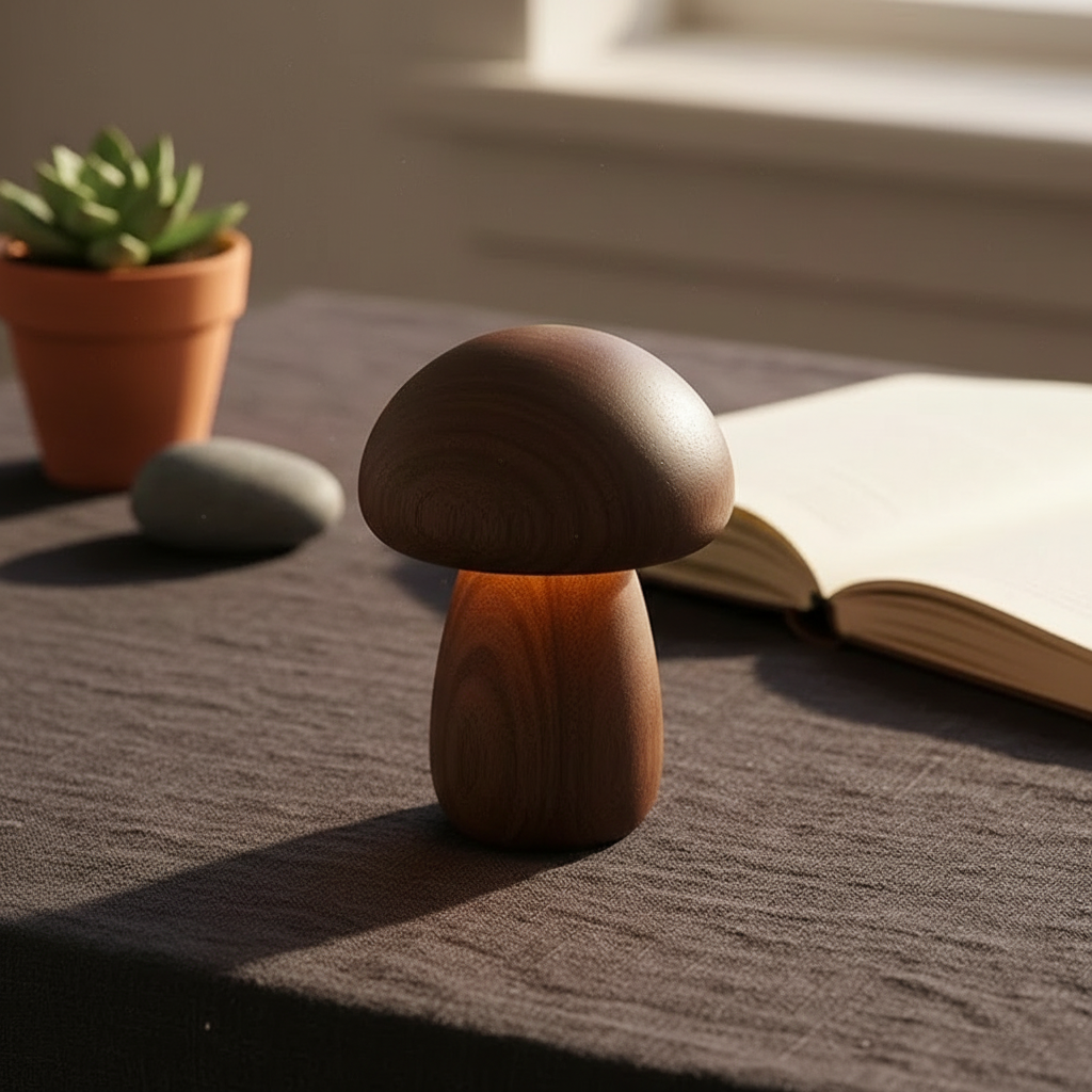 Lampe Veilleuse Champignon en Bois Massif – Luminaire Tactile Rechargeable sans Fil