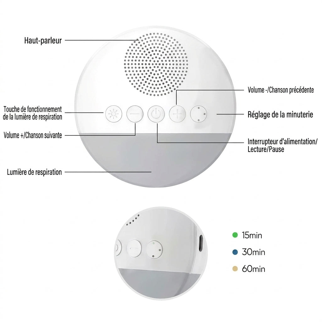 Générateur de Sons d'Ambiance Nomade – Diffuseur Sonore LED à Minutage Intelligent