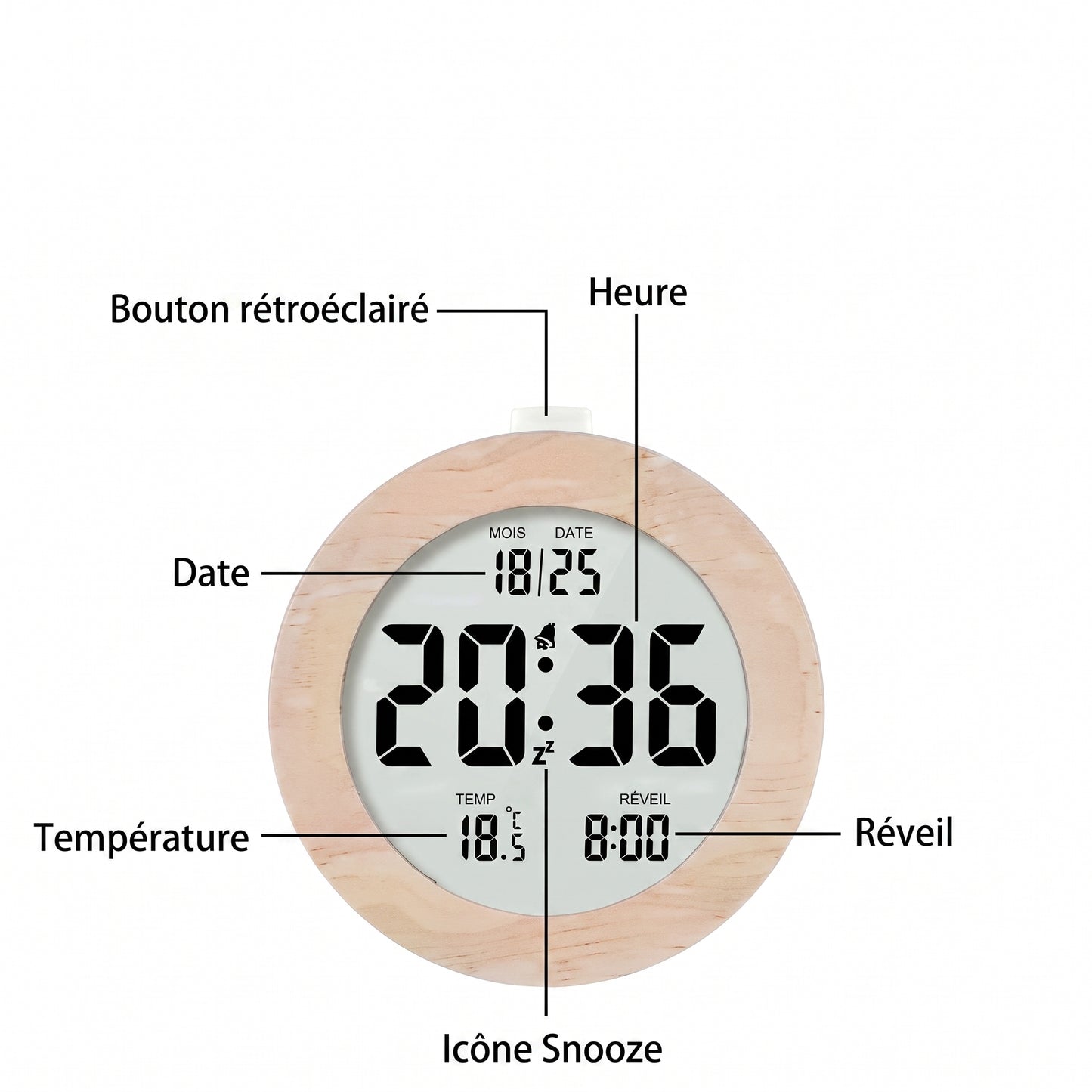 Réveil Digital en Bois Massif – Horloge de Table Multifonction avec Température & Date