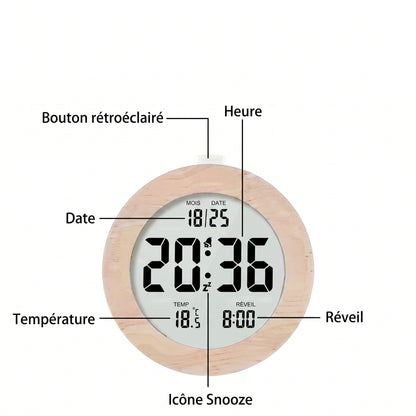 Réveil Digital en Bois Massif – Horloge de Table Multifonction avec Température & Date