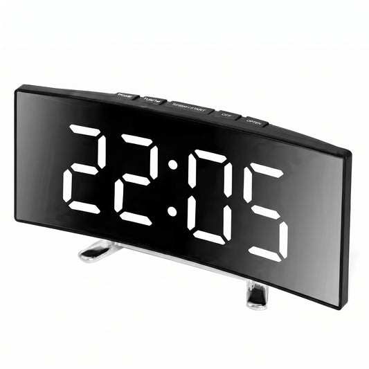 Réveil Digital Écran Miroir Incurvé LED – Horloge de Table Moderne Panoramique