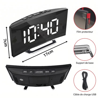 Réveil Digital Écran Miroir Incurvé LED – Horloge de Table Moderne Panoramique