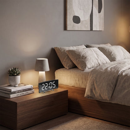 Réveil Digital Écran Miroir Incurvé LED – Horloge de Table Moderne Panoramique